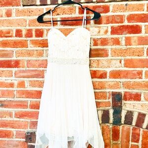 Elegant Cream Lace Beaded Asymmetrical Formal Dress